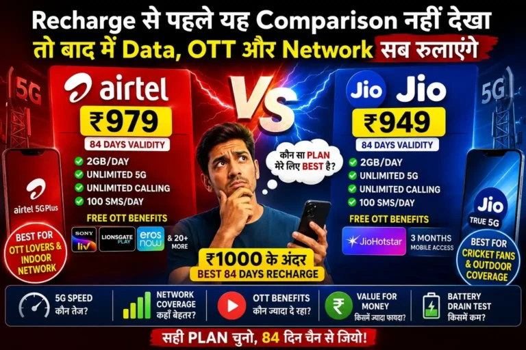 Airtel vs Jio prepaid recharge plans comparison 2026 with unlimited 5G, OTT benefits and 84 days validity under 1000 rupees.