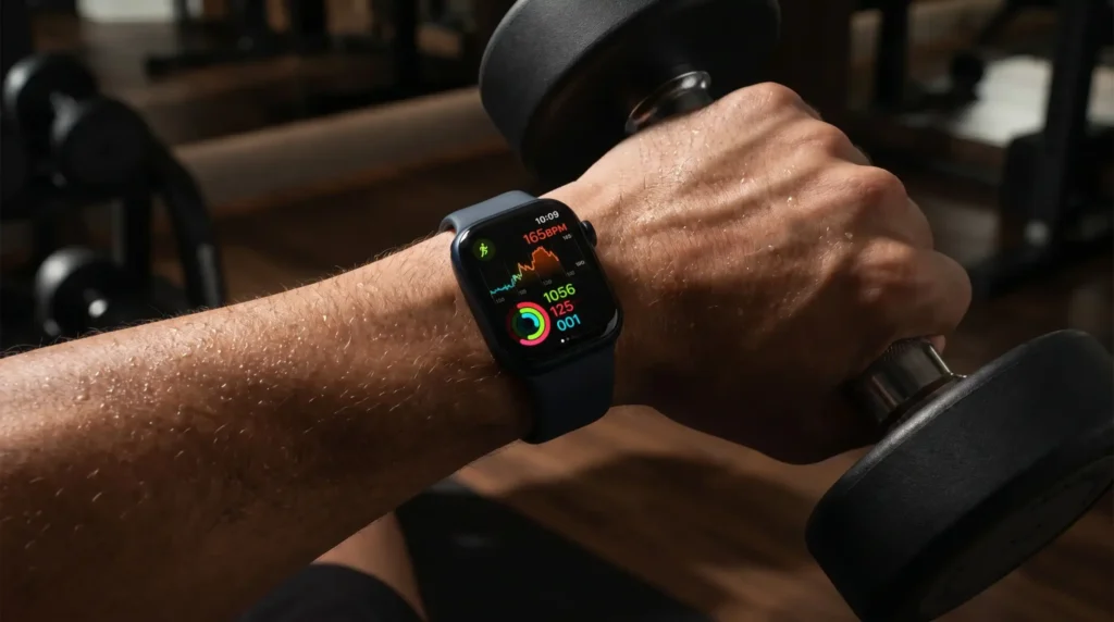 Apple Watch Series 10 on a sweaty wrist displaying real time heart rate zones during a gym workout.