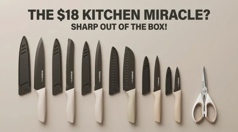 Astercook 13 piece kitchen knife set in cream color featuring safety blade guards, chef knife, and shears displayed for review.