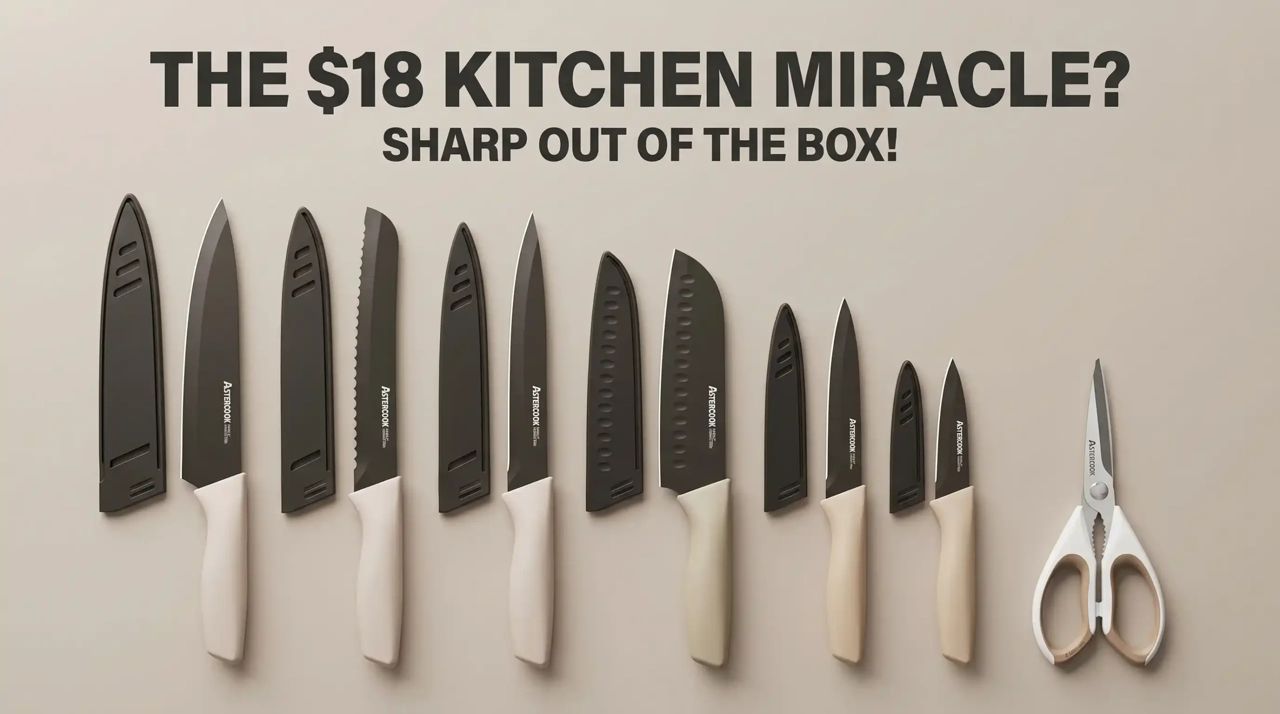 Astercook 13 piece kitchen knife set in cream color featuring safety blade guards, chef knife, and shears displayed for review.
