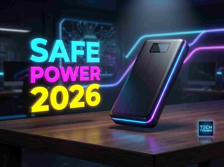 Premium black power bank on a dark futuristic desk illustrating how to choose a portable charger safely in 2026.