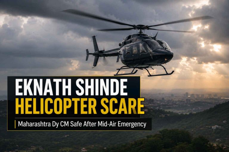 Eknath Shinde helicopter mid-air emergency visual with VIP aviation safety theme