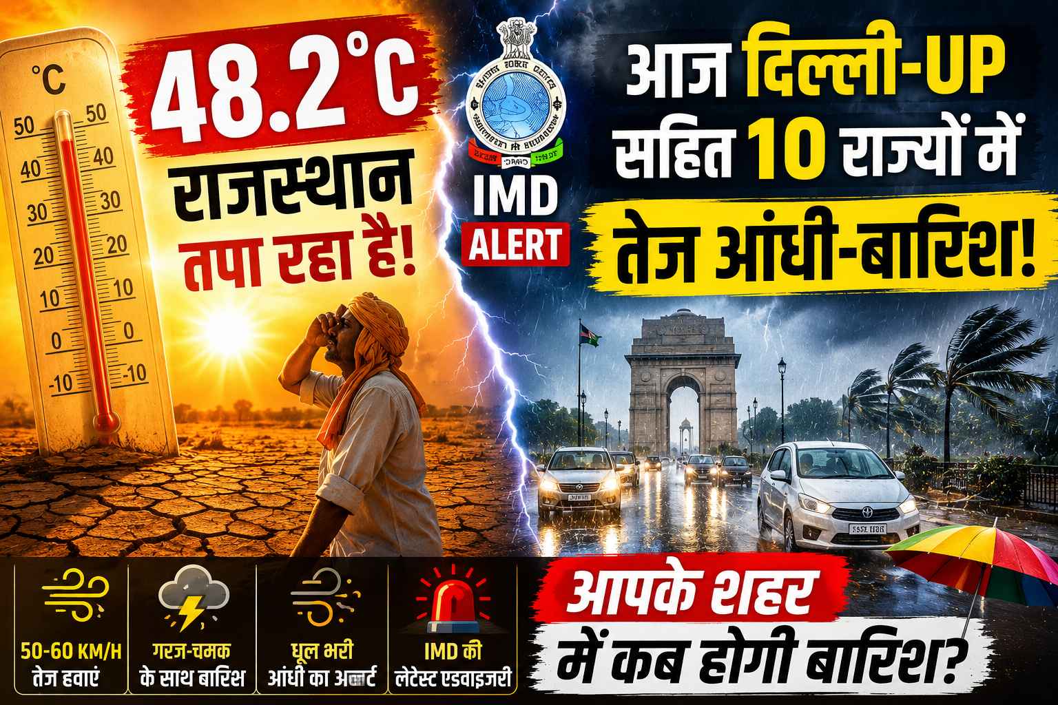 IMD weather update showing Rajasthan heatwave and Delhi-UP rain alert with dust storm advisory