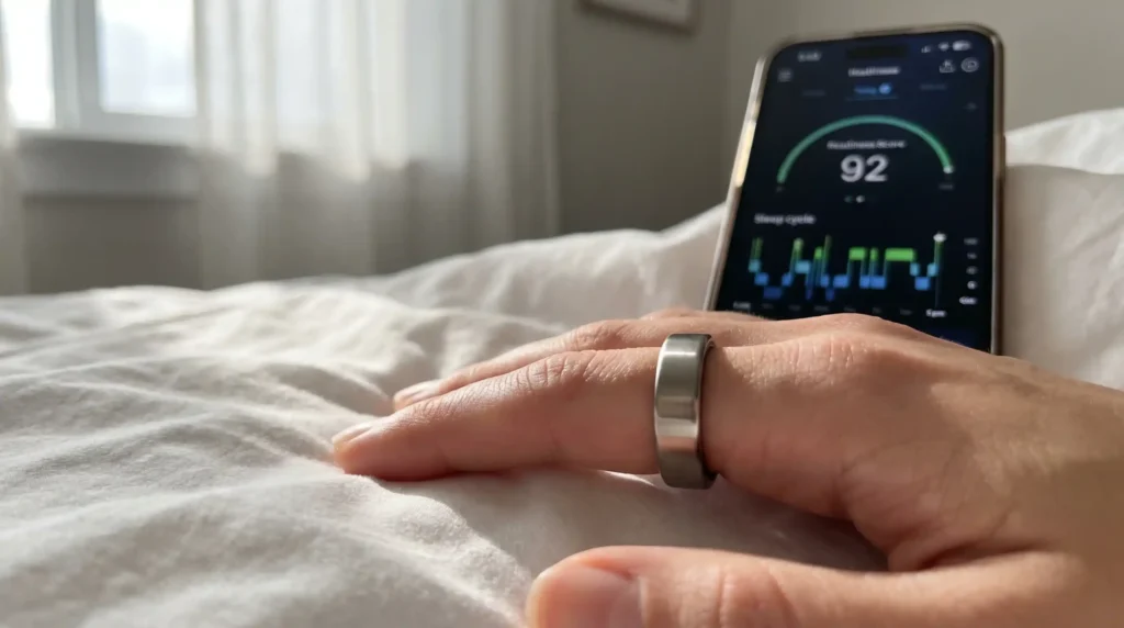 Woman wearing an Oura Ring Gen 4 on her index finger with a smartphone showing sleep tracking data in the background.