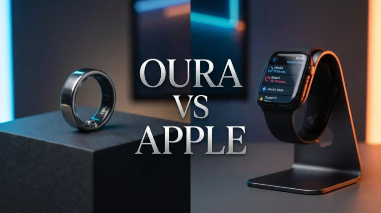 Side by side comparison of Oura Ring Gen 4 and Apple Watch Series 10 resting on a premium desk.