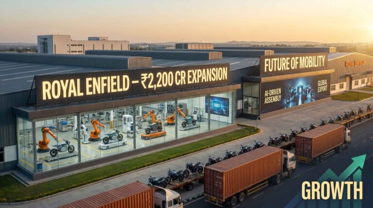 Royal Enfield Andhra Pradesh manufacturing plant expansion with futuristic factory, motorcycles, export logistics, and business growth analysis
