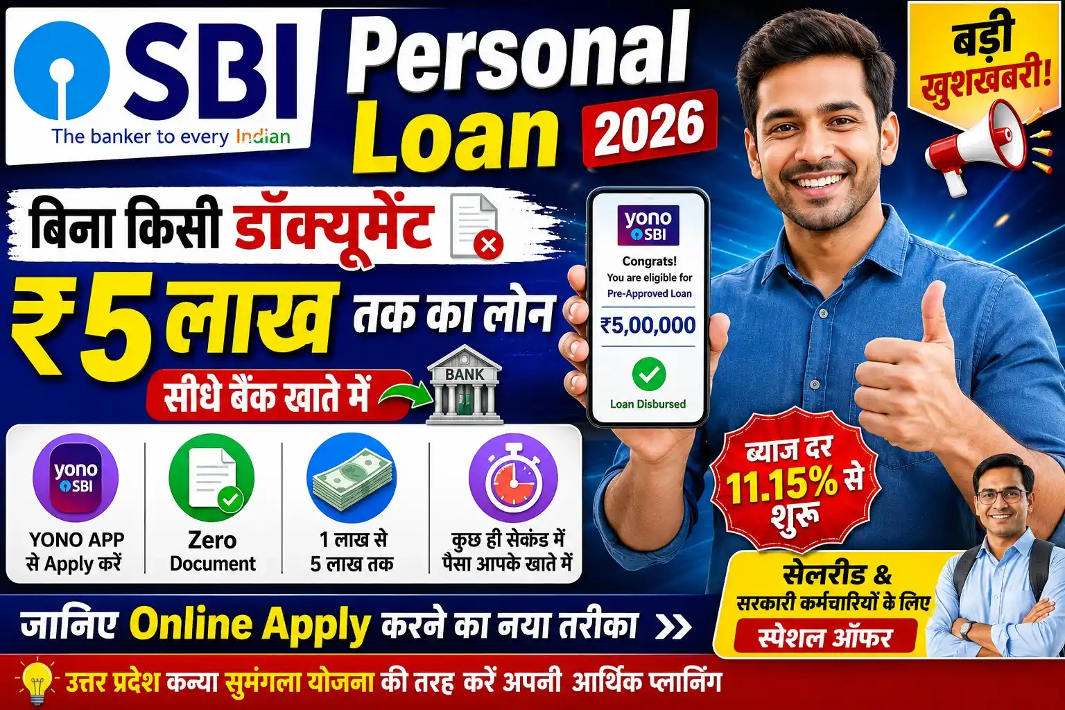 SBI Personal Loan 2026 बिना डॉक्यूमेंट ₹5 लाख तक लोन YONO App Online Apply Thumbnail